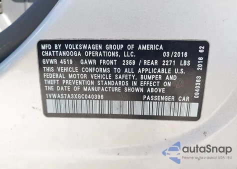 2016 Volkswagen Passat 1.8T S from USA, damaged, VIN 1VWAS7A3XGC040396